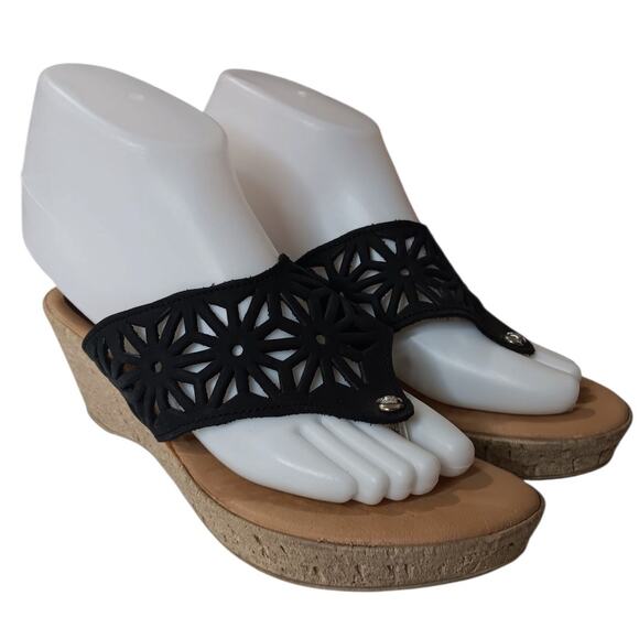 SPRING STEP Black Leather Comfort Sandals Wedge Thong 38/8 Summer Vacation Beach - Picture 2 of 10